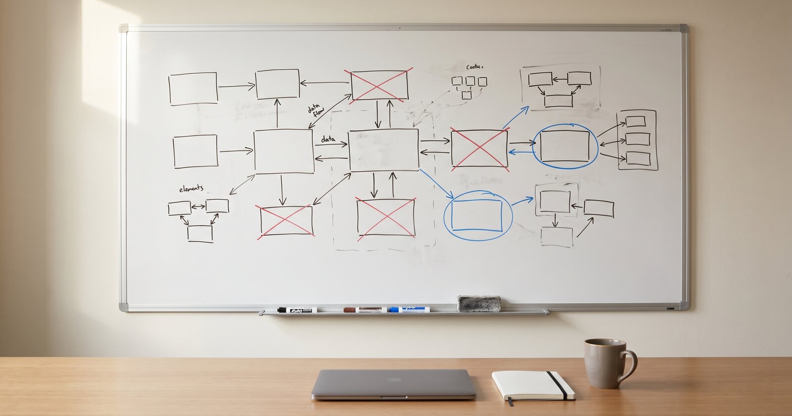 A developer at a desk looking at a whiteboard covered with a software architecture diagram. Some boxes are crossed out in red marker, others are circled in blue.