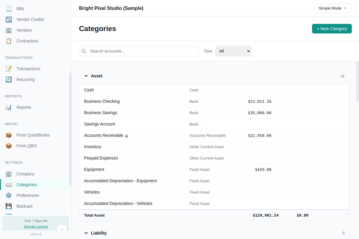 Categories view in Simple Mode