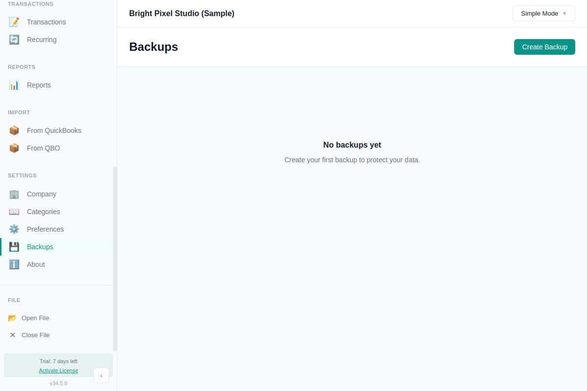 Backup management page showing backup list with dates, types, and sizes