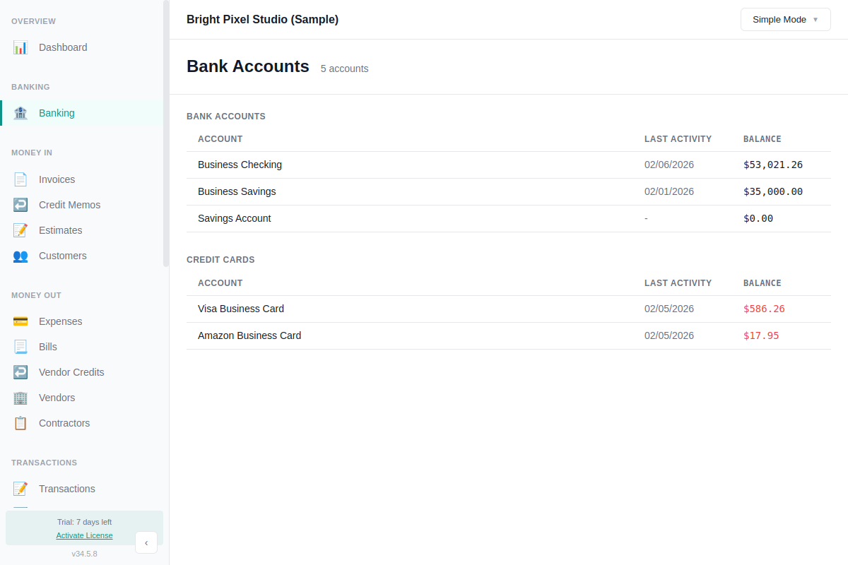Bank register in AllMy Ledger showing transactions and import button