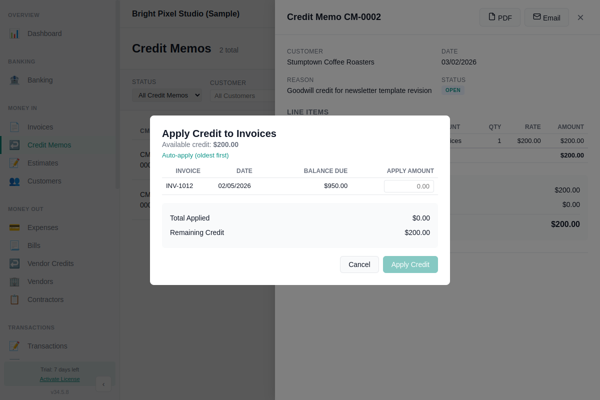 Apply credit dialog showing open invoices with allocation amounts