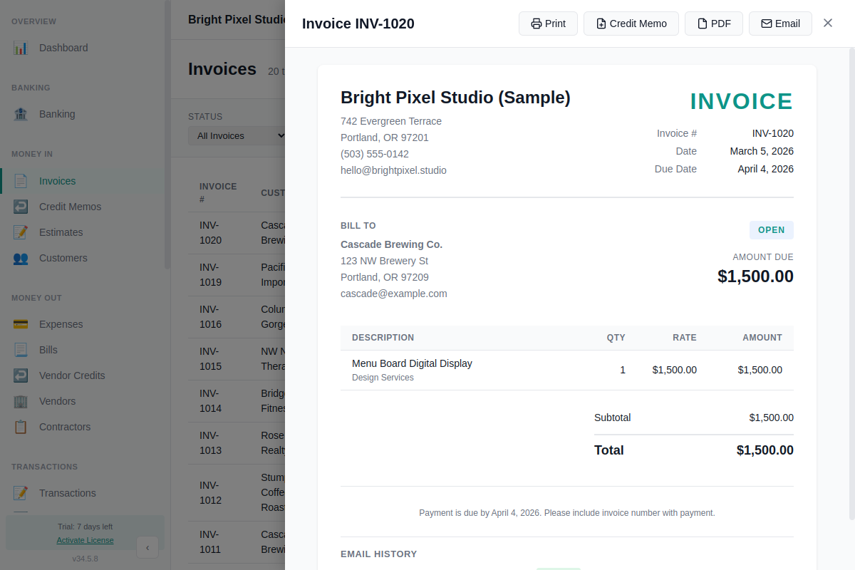 Invoice detail view showing Email History section with delivery status