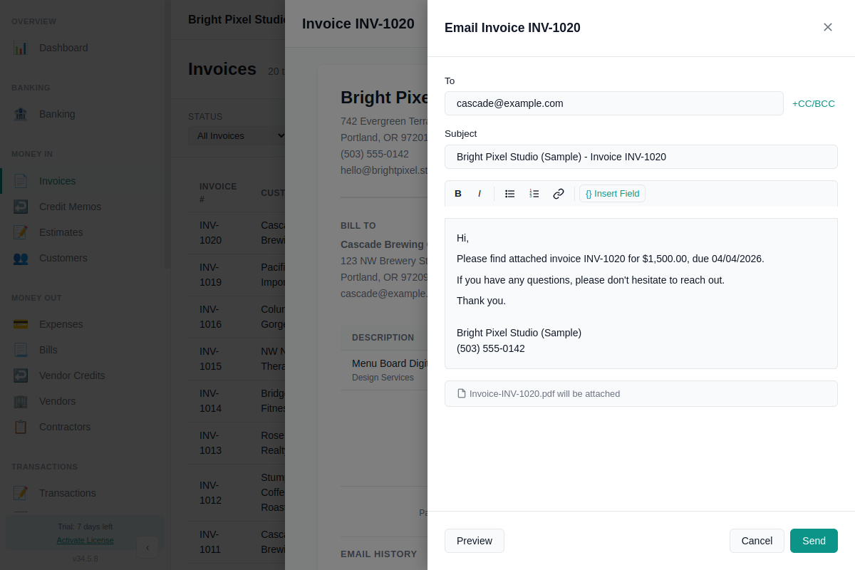 Send email dialog with To field, subject, rich text body with merge fields resolved, and PDF attachment