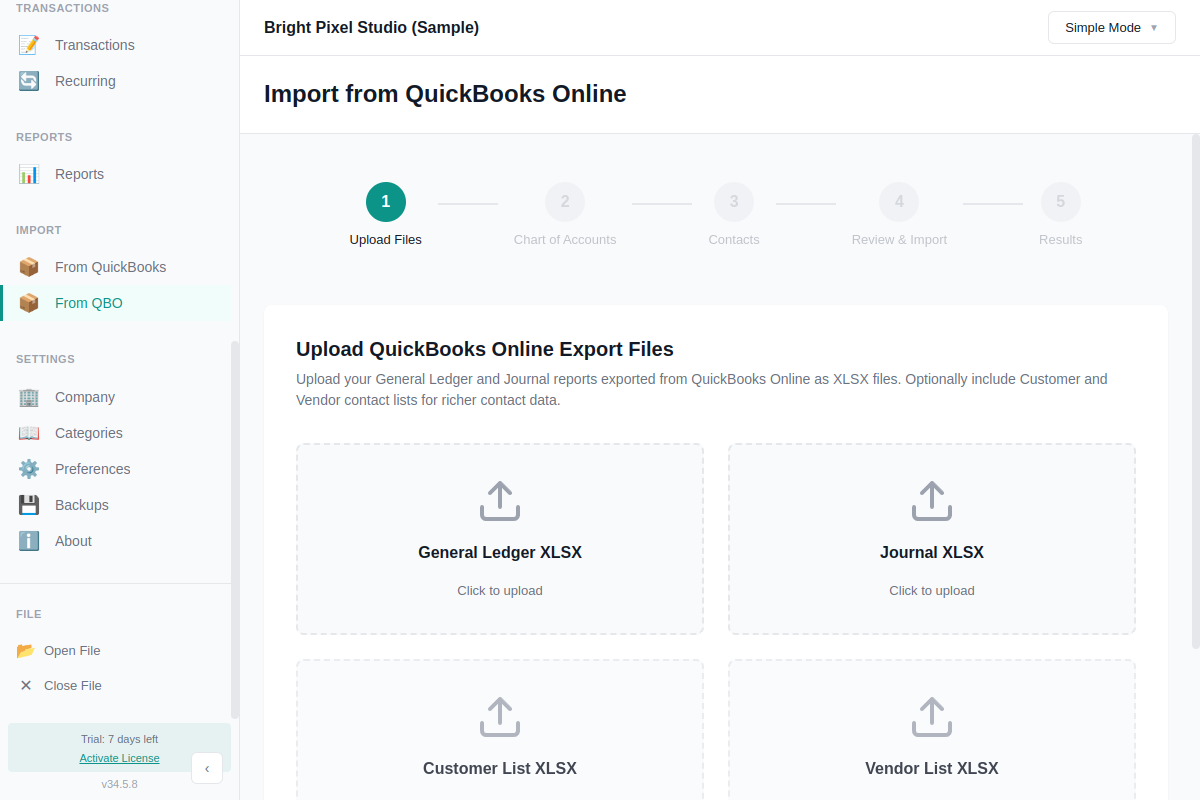 QuickBooks Online import wizard showing file upload step with parse summary