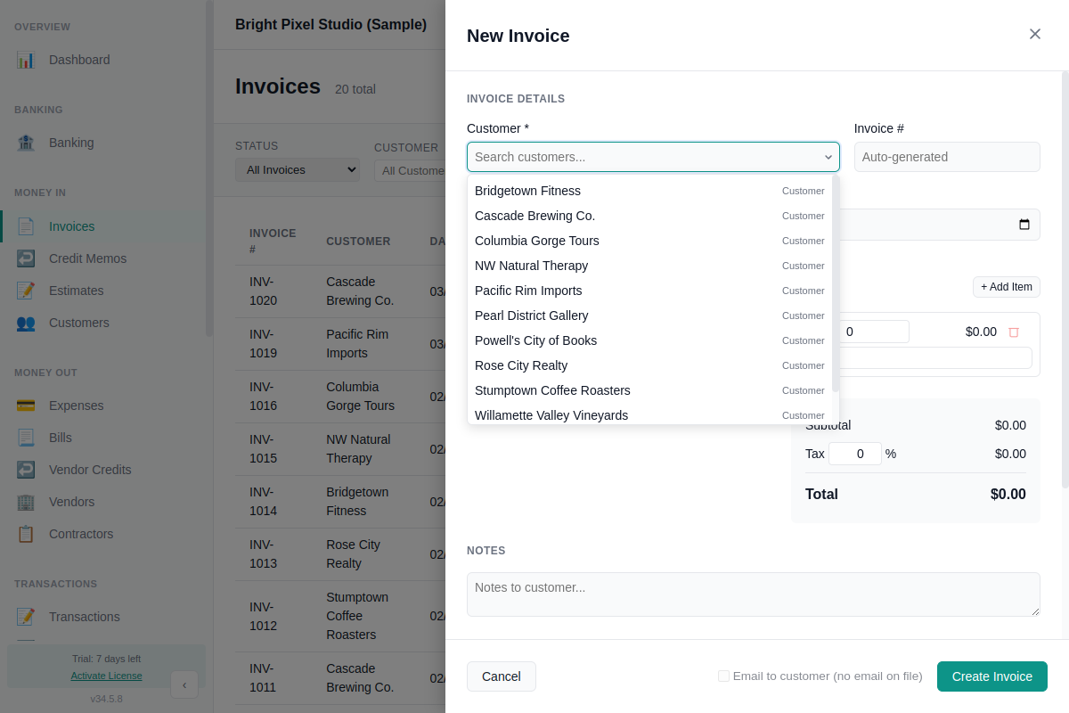 New invoice form showing customer, date, line items, tax, and notes fields
