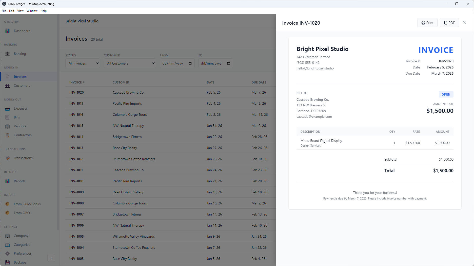 Invoice form in AllMy Ledger with line items and totals