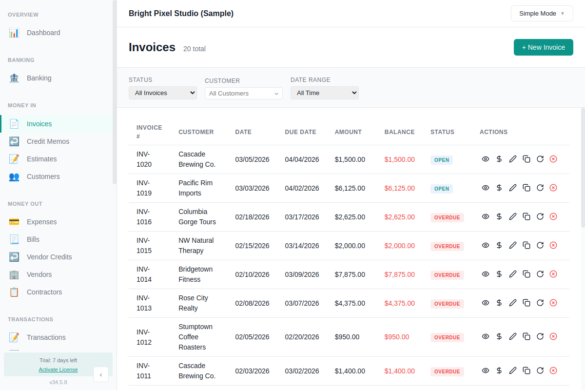 Invoice list showing status, amounts, and action buttons for each invoice