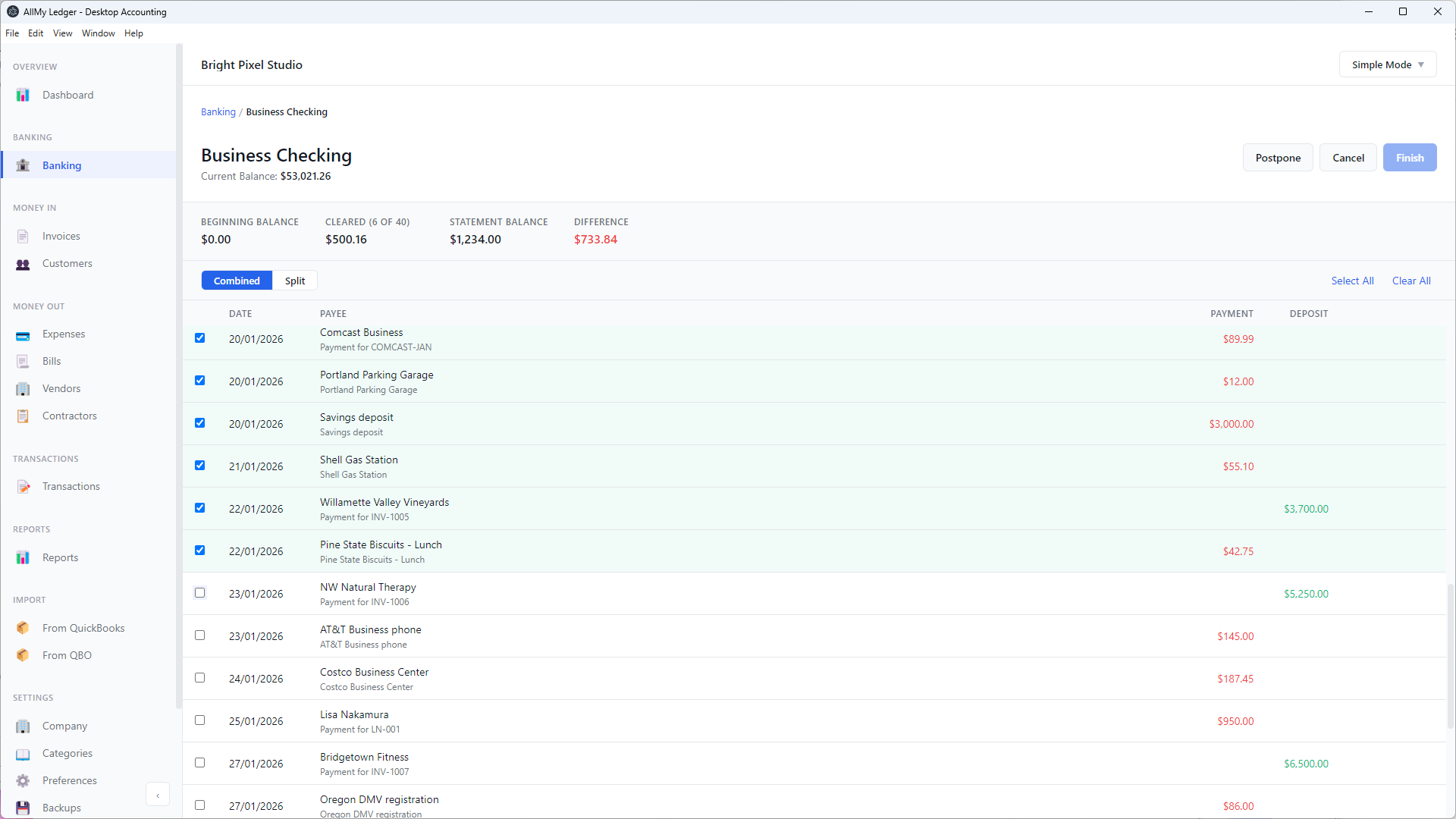 Reconciliation view showing cleared transactions and running difference