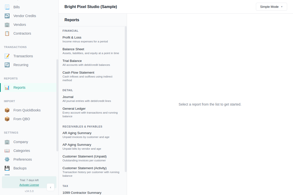 Reports screen in AllMy Ledger showing all 12 reports organized by category