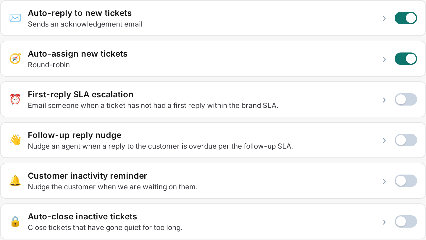 Automations settings page listing the six recipes for a brand, all with on/off toggles
