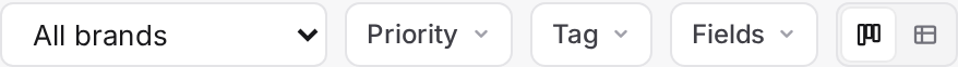 The tickets-list filter bar on /tickets/all: brand, priority, tag, and field filters, with a toggle between kanban and table view