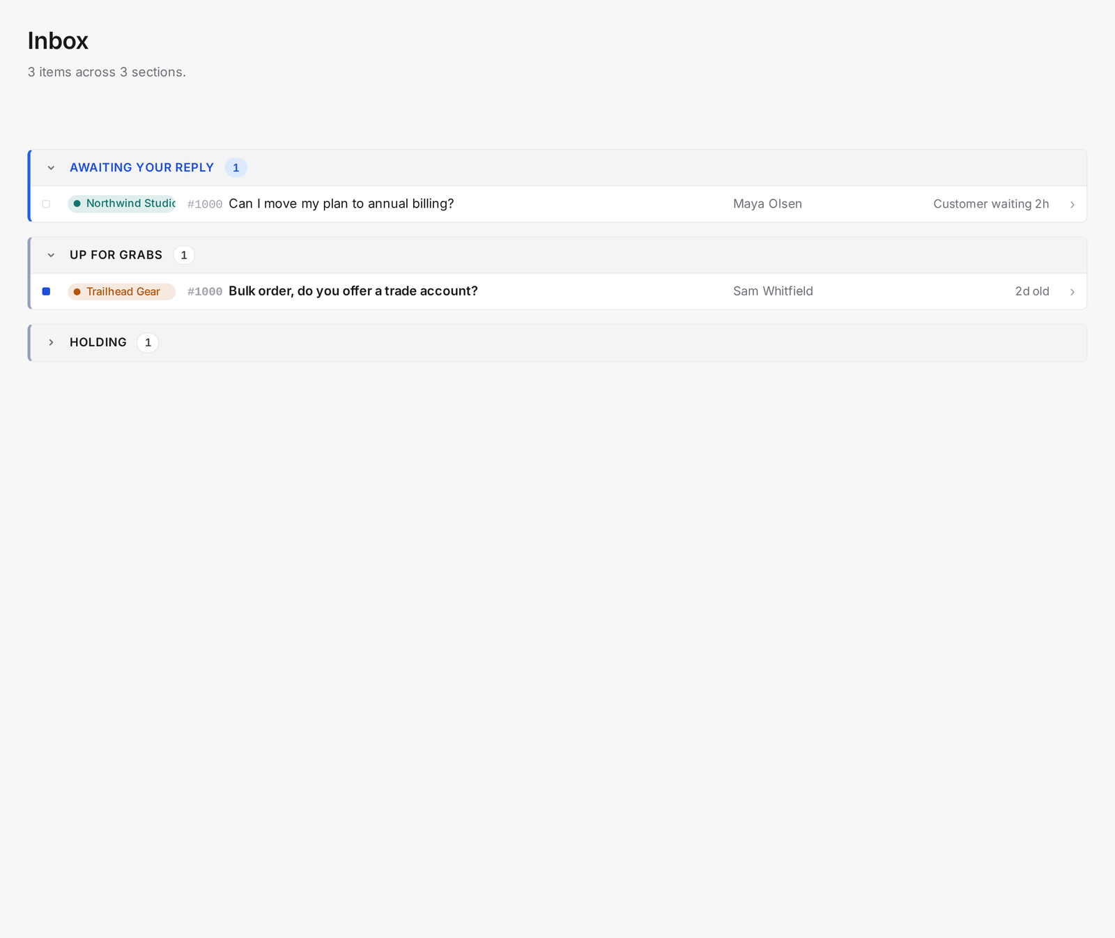 The inbox priority queue with Awaiting your reply, Up for grabs, and a collapsed Holding section, each showing ticket counts