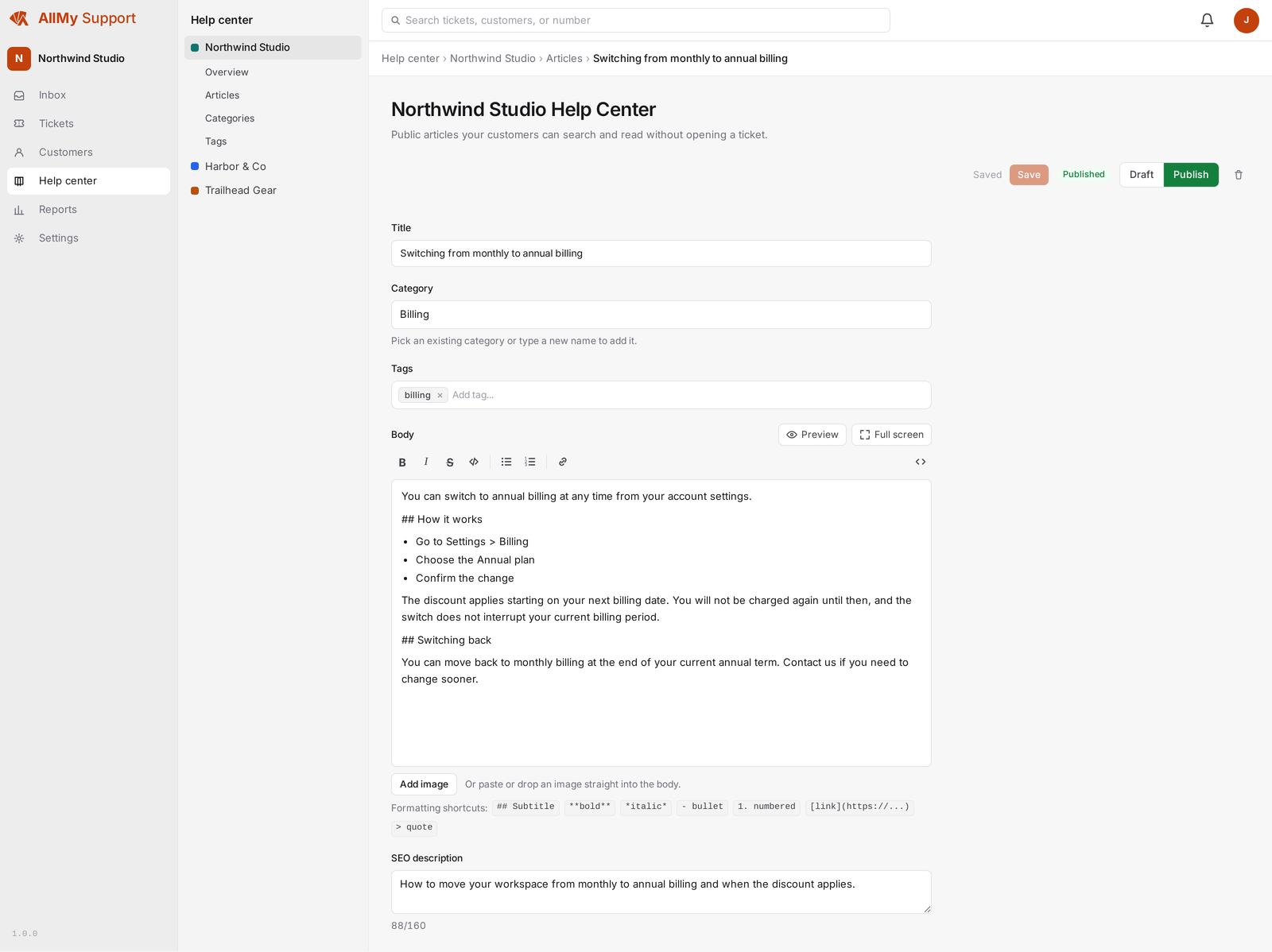 The knowledge base article editor in AllMy Support with a formatted article and a preview.