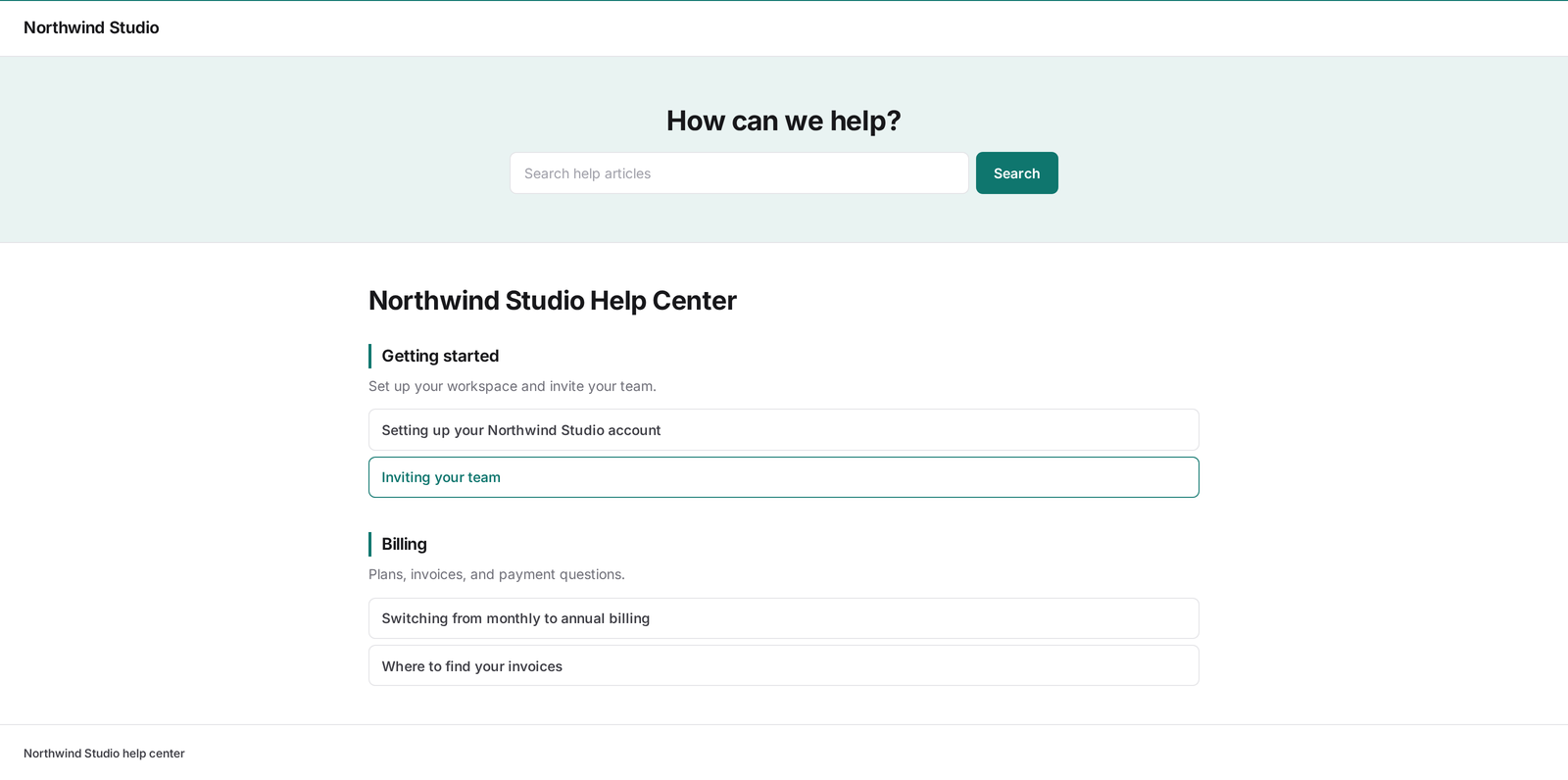 A published, branded help site listing categories and articles.