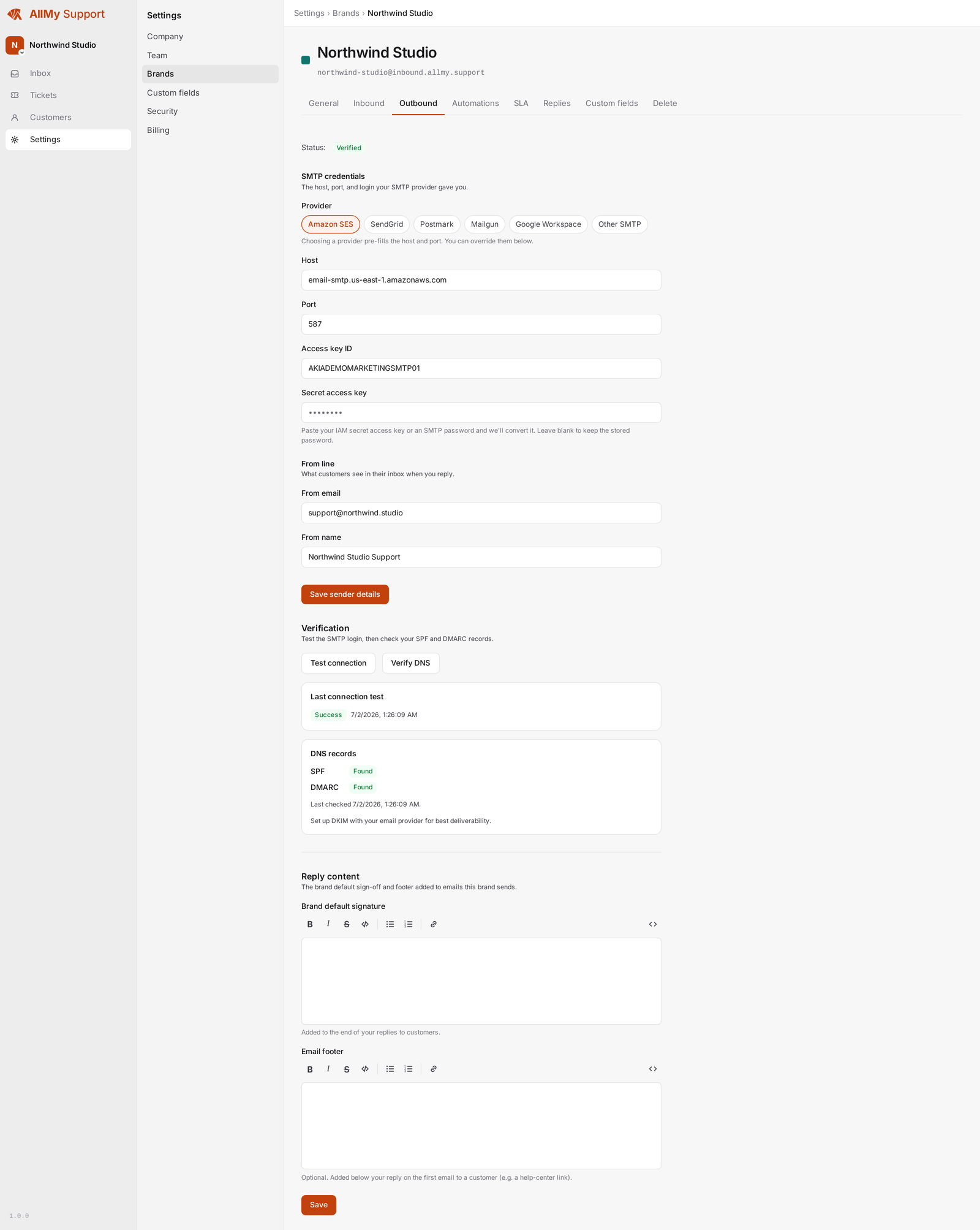 A brand's outbound settings with Amazon SES selected, showing the SMTP host, port, sender name and address, and a verified connection.