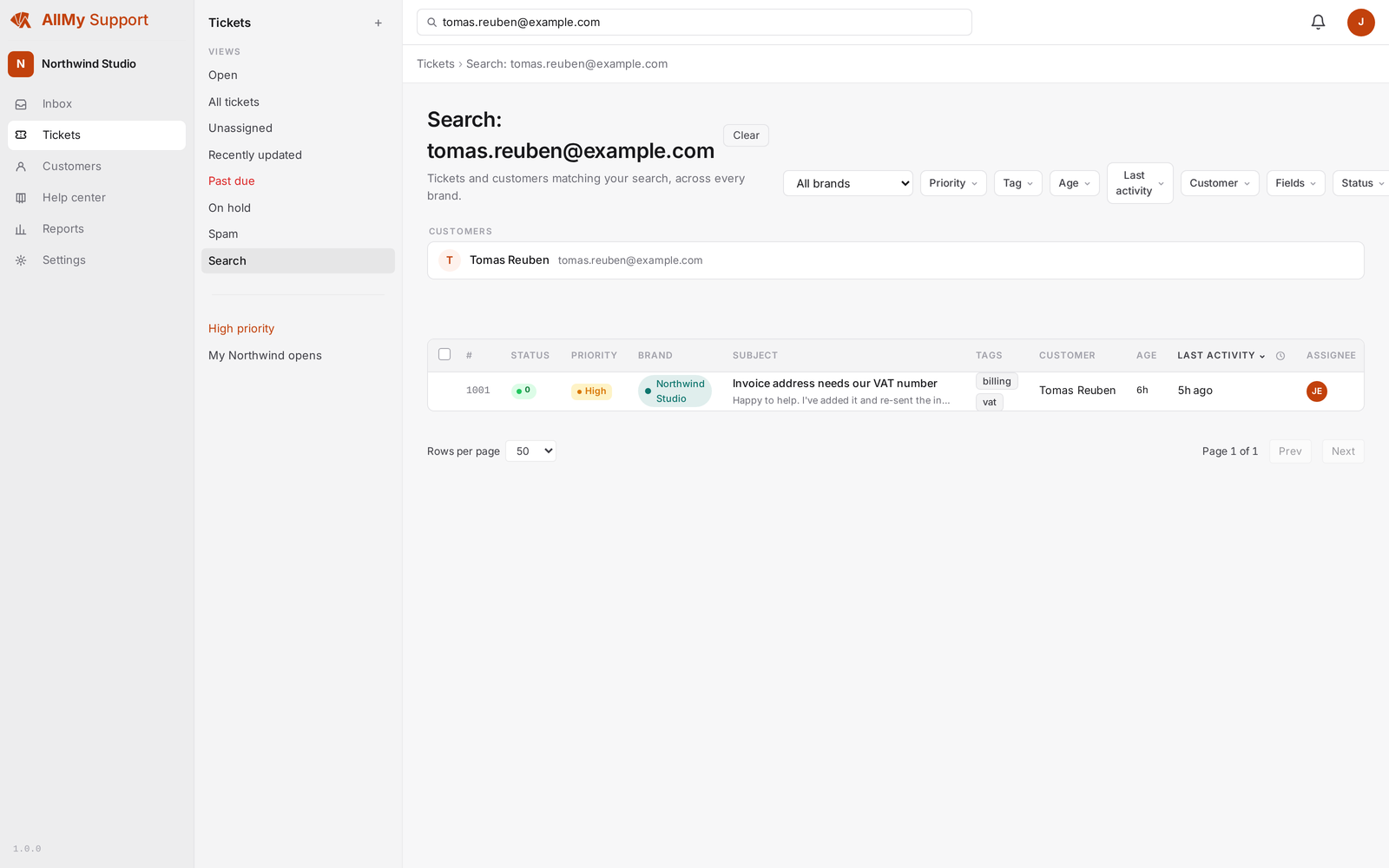The top-bar search in AllMy Support showing matching tickets and customers in the results.