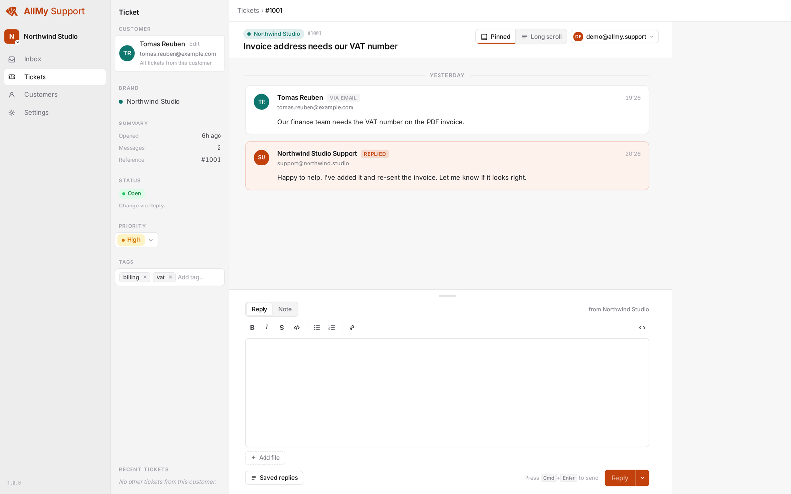 AllMy Support ticket view showing an email conversation with customer details and reply box