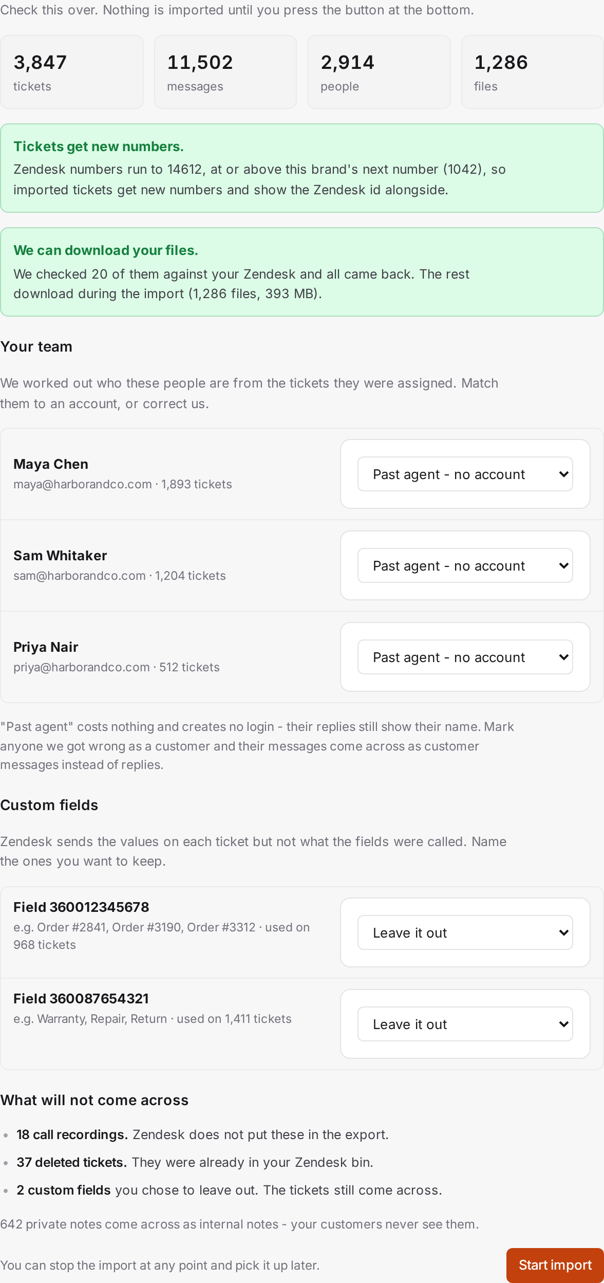 The import preview: ticket, message, people and file counts from a Zendesk export, with each Zendesk agent matched to a choice before anything runs